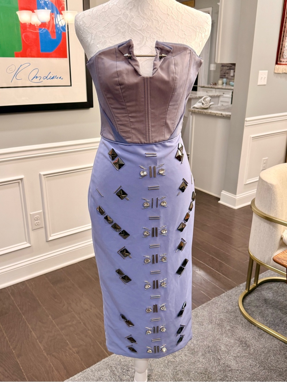Three Floor Strapless Lilac and Mauve Embellished Sheath Dress